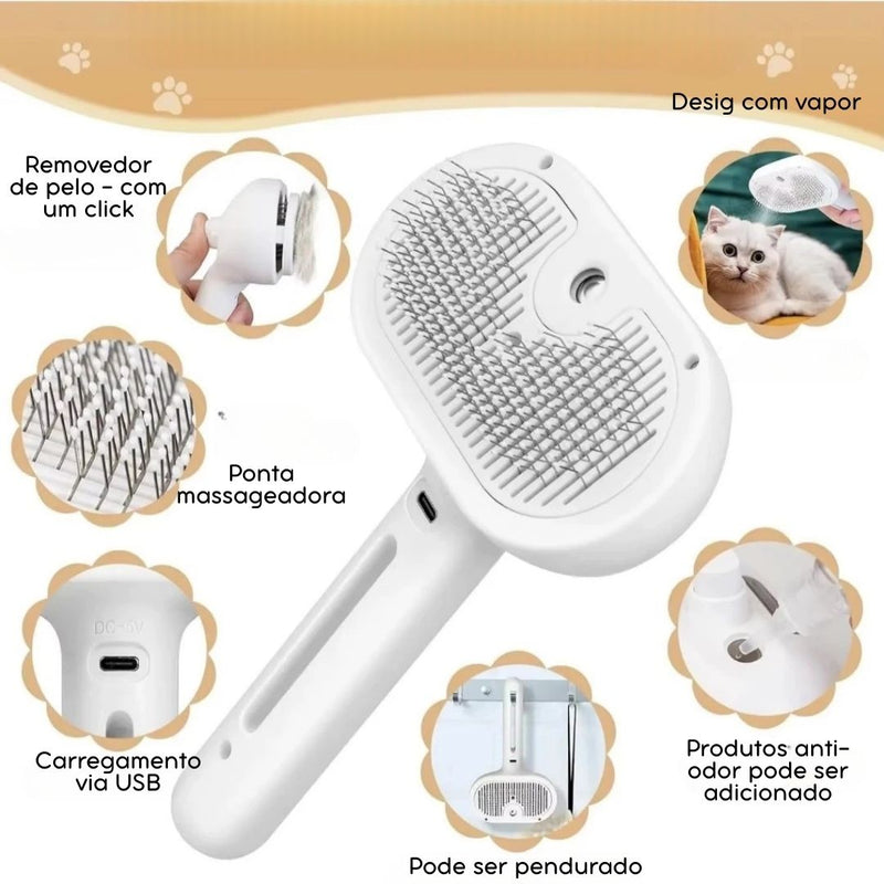 Escova Removedora de Pelos 3 em 1 com Vapor para Cães e Gatos