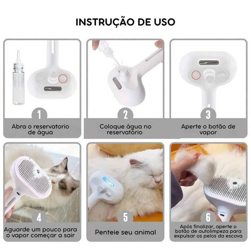 Escova Removedora de Pelos 3 em 1 com Vapor para Cães e Gatos